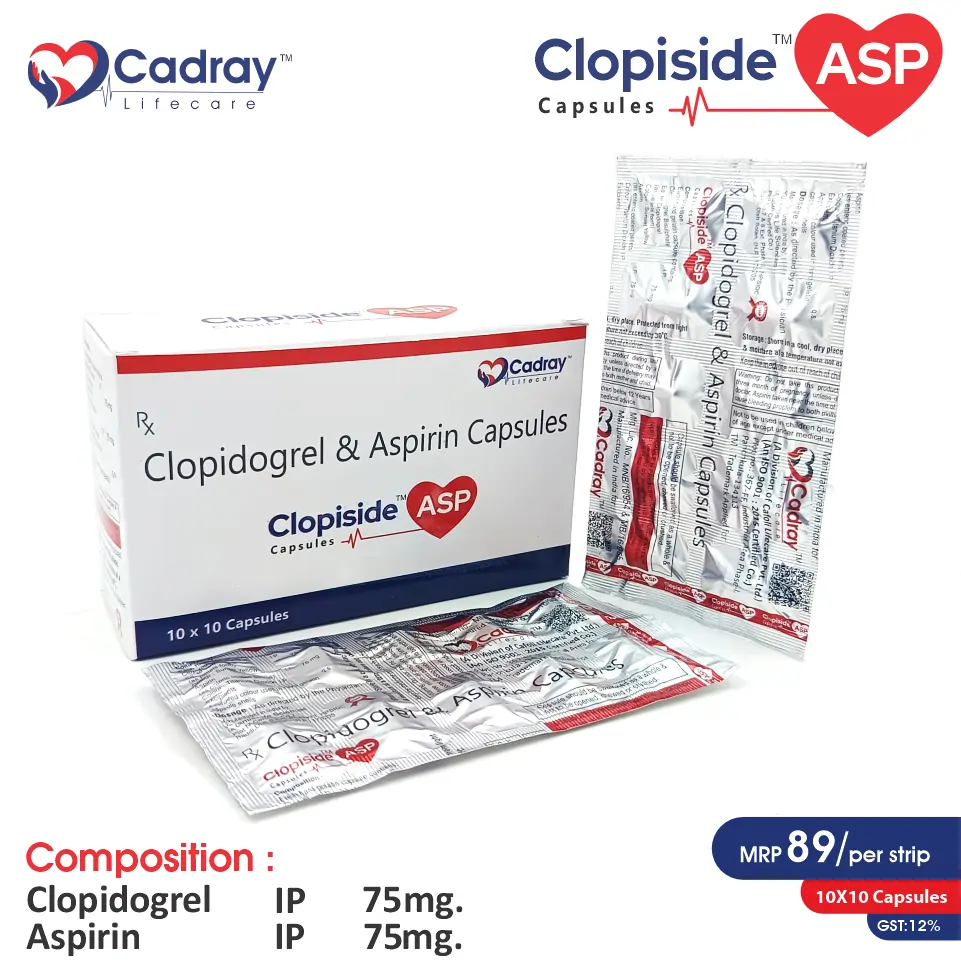 Clopidogrel 75mg + Aspirin 75mg Tablet supports heart health by preventing clot formation. WHO GMP certified, available for PCD pharma franchise at competitive pricing.